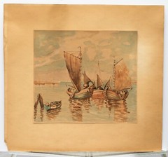 Fishing Boats, Antique Watercolor, European/Turkish, Signed Illegibly
