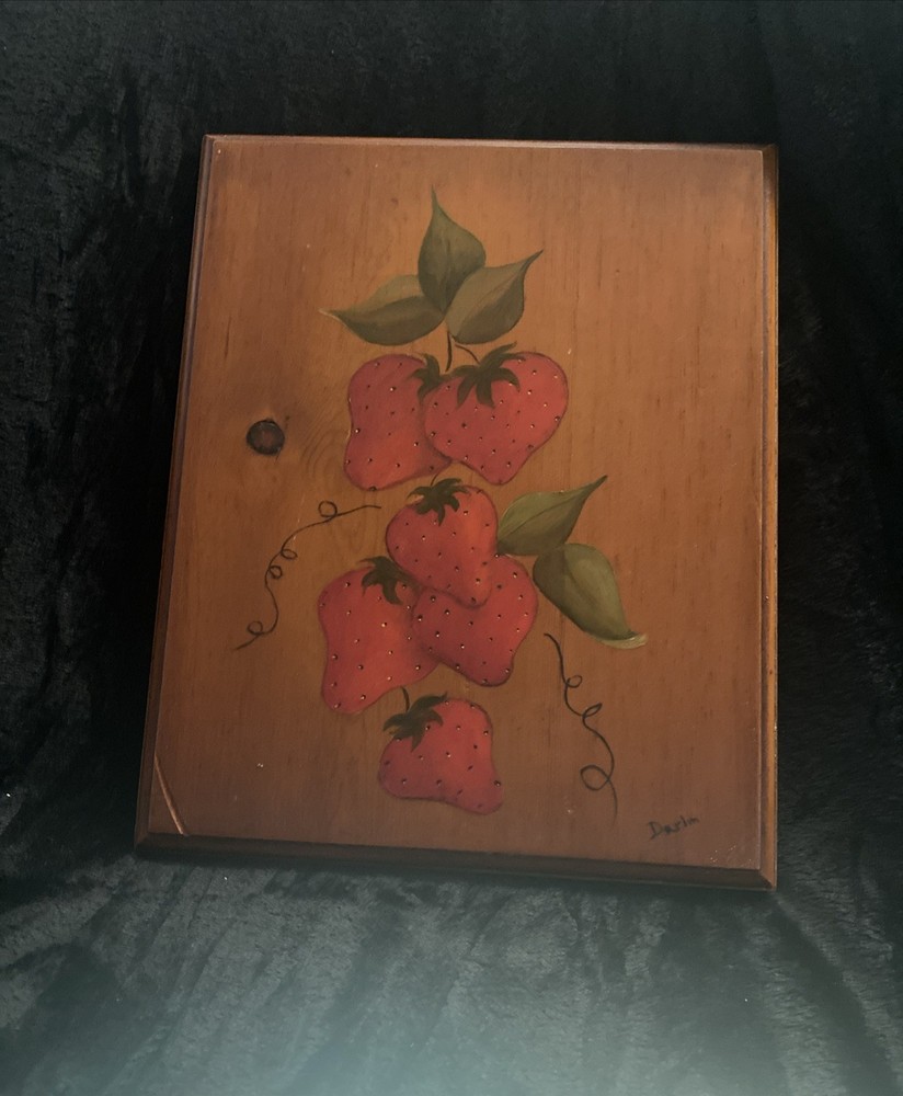 MCM Hand Painted And Signed Strawberry On Wooden Panel