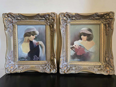 Signed L. Williams Art Deco Oil Paintings Set of 2 Ornate Gold Frames 15″ x 13″
