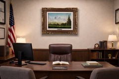 Mountain Landscape Oil Painting by W. Thibault in Ornate Vintage Frame 61×51 cm
