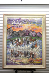 Original von Wening Original oil painting Horses charging Wyoming Grand Tetons