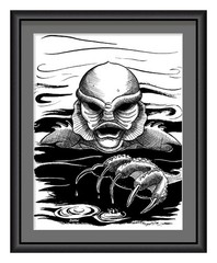 Atherton 9×12 Original Pen and Ink Illustrative Painting „Lagoon Creature“ orig.