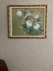 Vintage Original Oil Painting Old Fine Avian Still Life Chrysanthemums Signed