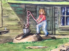 Vintage 50s Folk Art Country Cottage House Watercolor Painting Well Water Pump