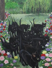 Original painting on 18×24 In. canvas featuring black cats in a flower garden