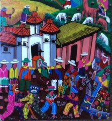 Minature Folk Peruvian Painting On Stretched Animal Hide. Bright Mid Century Mod