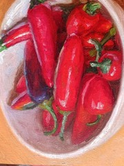 Original OOAK oil on board still life Chilli Peppers 6″x 6″ Y Wang. Signed