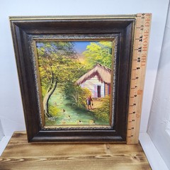 Original Framed Canvas Painting Village Landscape Scene Artist Signed 08