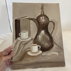 Still Life Painting Book Cups Teapot