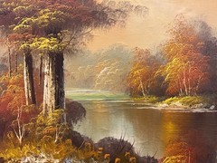 Oil Painting 16×20” Autumn forest landscape, stand still lake, warm tones