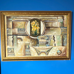G. Russell signed framed abstract floral architectural painting 40″×27″