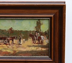 Original Signed Oil Painting On Wood Landscape With Figures Panorama, Framed