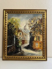 Vtg 1975 Signed Laurent Oil on Canvas Painting French Street Scene Montmartre