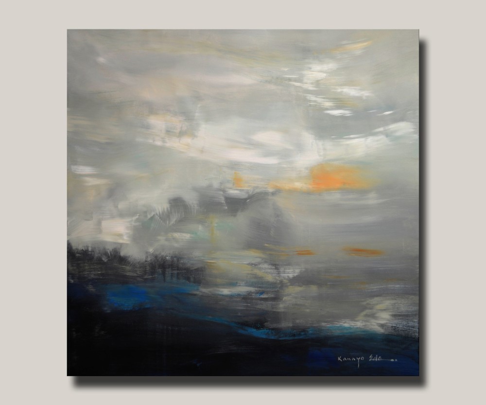 Acrylic on canvas abstract landscape art. orange white dark blue background.
