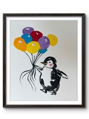 ARCTIC PENGUIN WITH PURPLE BALLOONS 11×14 Original Art #97 PAPER Fine Art