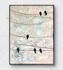 Birds on a Wire Original Mixed Media Painting Abstract Bird Wall Art
