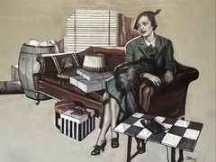 Antique Art Deco Painting Portrait Pretty Woman Large Oil Illustration 1930’s