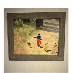 Contemporary Acrylic Painting Child Walking with Dogs Nature Forest Scene Framed