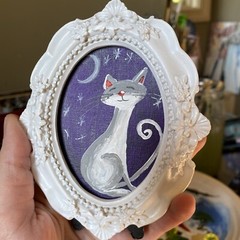 Cat Original Painting On Paper,4/5,framed,gold,miniature,small,mini,cute