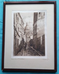 19 th CENTURY ETCHING THIBAUT ROUX 1865-1924 RUE ST RUSTIQUE SACRÉ COEUR PARIS