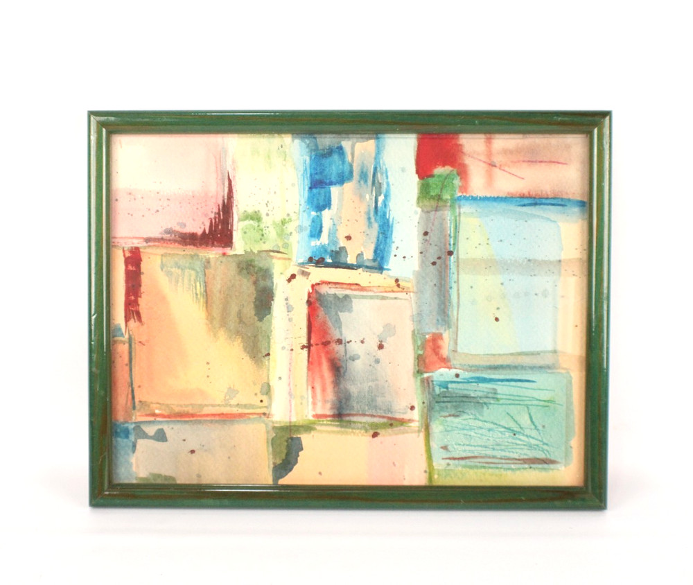 Mid Century Abstract Watercolor Painting On Paper Green Frame Unsigned