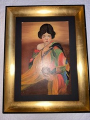 Vintage 1940s woman portrait original oil painting lady colorful framed art