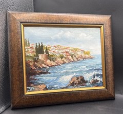 Bulgarian Coastline Oil Painting Sozopol Mediterranean Landscape Signed 13×11.5