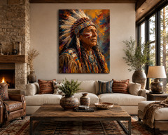 Original Hand Painted Native American Chief Portrait Canvas Wall Art 18×24