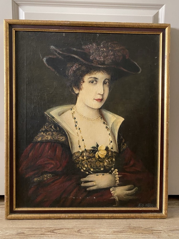 Antique Oil Portrait Lady in Red Dress Hat Pearls Framed Canvas As-Is