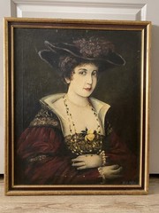 Antique Oil Portrait Lady in Red Dress Hat Pearls Framed Canvas As-Is
