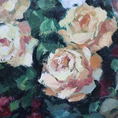 Vintage Oil On Canvas Floral Still Life Painting Of Garden Roses C1960