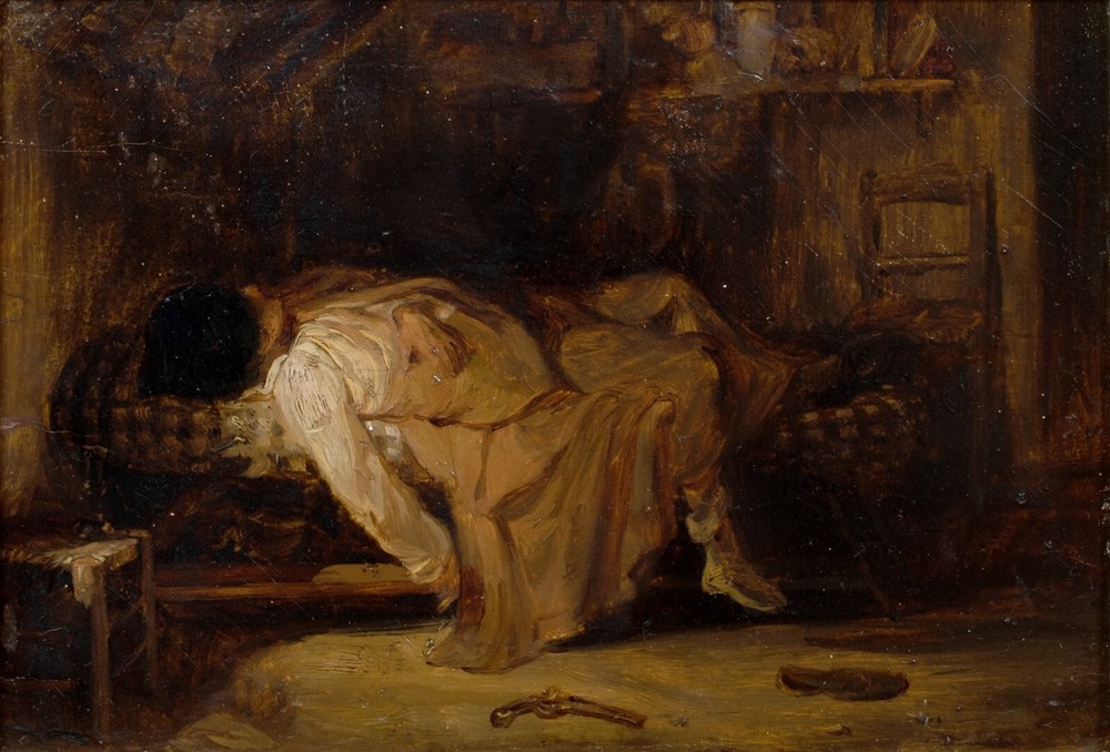 19th Century European Bedroom Scene „Le Suicide“ Artists Death Oil On Panel