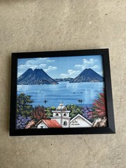Vintage Guatemala Folk Art Oil Painting Lake Atitlan 12 x 10
