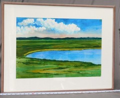 Jason Schoener Original Watercolor Coastal Marsh Maine Landscape Modernist Frame