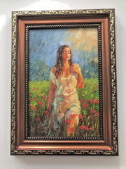 Original Oil Painting in Frame Girl Rain Summer Happiness 4х6in