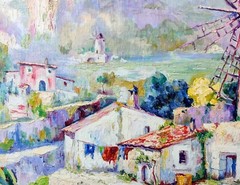 Tomas Vila Puigdemon (1952): WINDMILL IN SPANISH VILLAGE, original oil painting