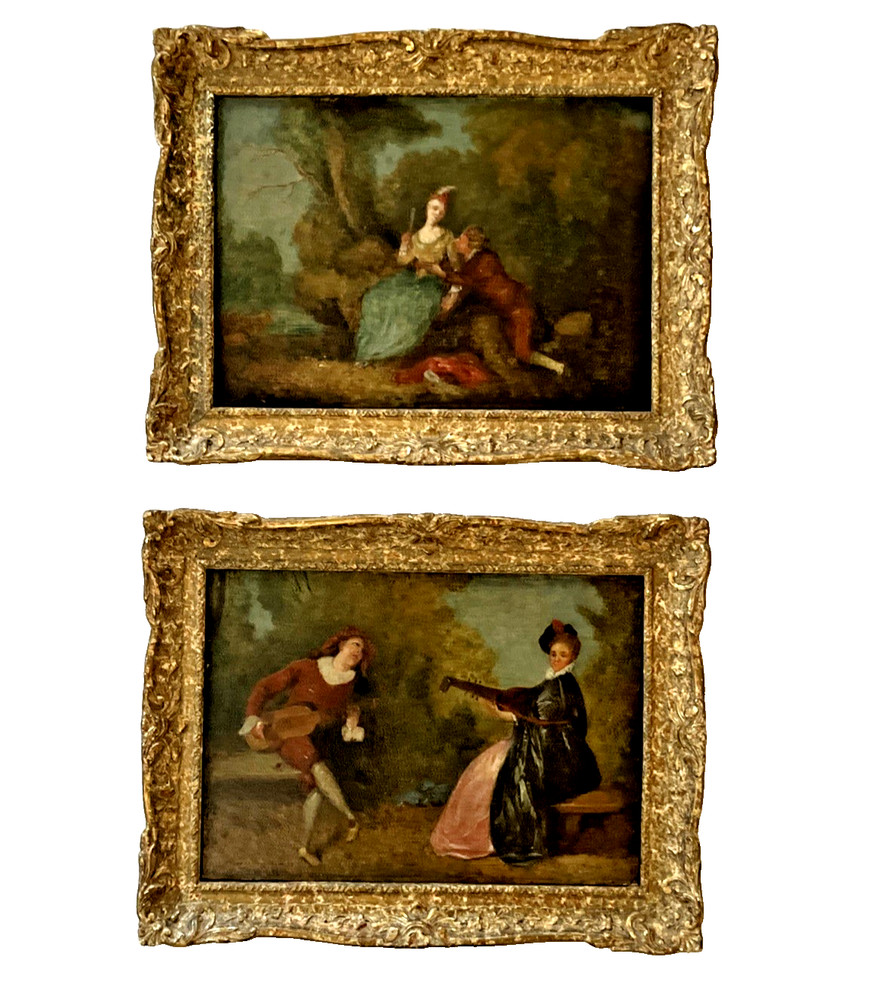 Antique Pair 19thC French Troubadour Oil Paintings Ornate Gold Gilt Frames 10×14