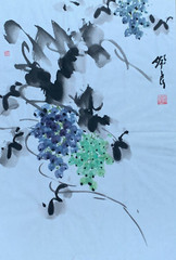 CHINESE JAPANESE ASIAN CALLIGRAPHY SIGNED INK-WATERCOLOR PAINTING GRAPES FRUITS