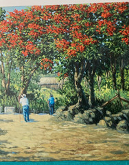Jorge Romero vintage 80’s painting Campo y Flamboyanes -Puerto Rico Art Latin Am