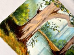 Original Soft Pastel Landscape Autumn Trees & Forest River Reflection 32.5x25cm