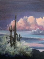 Original Painting Arizona Desert Mountain Landscape Sky Clouds Saguaro Cactus