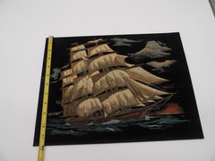 Ship at Sunset Velvet Oil Painting 11 3/4″ x15 3/4″