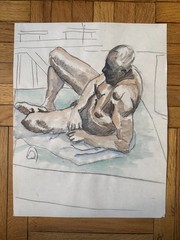 Vintage 1960s Watercolor Portrait Study Painting Black Man Laying Down 14 x 11