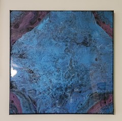12X12″ Acrylic Pour Painting on Canvas featuring Blues, Pinks & Black