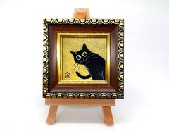 Black Cat with Gold Background Mini Oil Painting, Original Cat Art, Dopamine Art