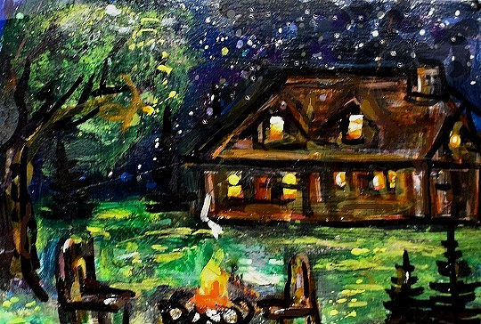 ACEO Original PAINTING Summer CABIN Camping Fire Night Stars Landscape ATC ART
