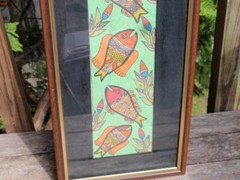 VINTAGE ORIGINAL FRAMED COLORFUL DRAWING PEACOCKS & FISH 25.5 X 7.5 INCHES