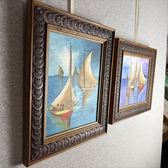Pair Vtg Haitian MCM Sailboat Oil Paintings Signed Jack 8×10 Carved Wood Frames