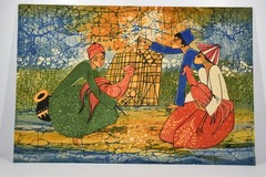 Vintage Batik Village Life Painting Chickens Rooster Asian Fabric Painting Art