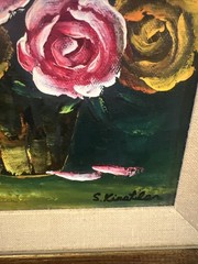Oil painting bouquet of pink and yellow roses vase Signed